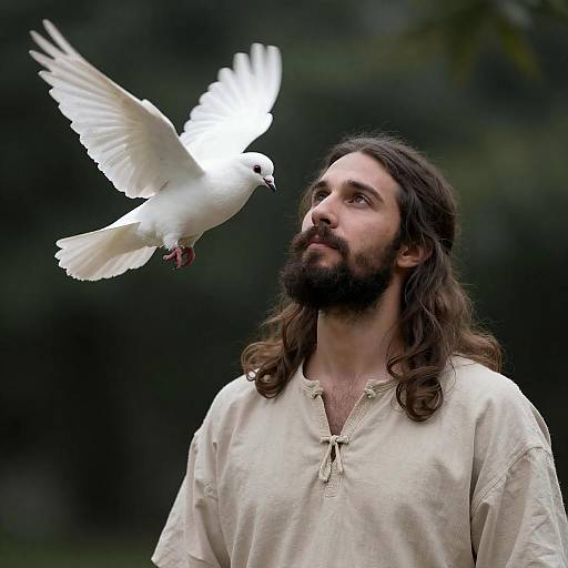 Calm Man Gazes at Flying Dove