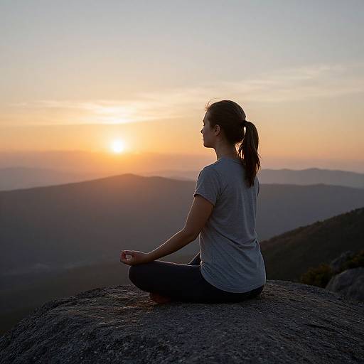 Photograph of a woman with ponytail, wearing grey t-shirt and black pants, sitting in meditation on a rocky mountain peak at sunset, with orange