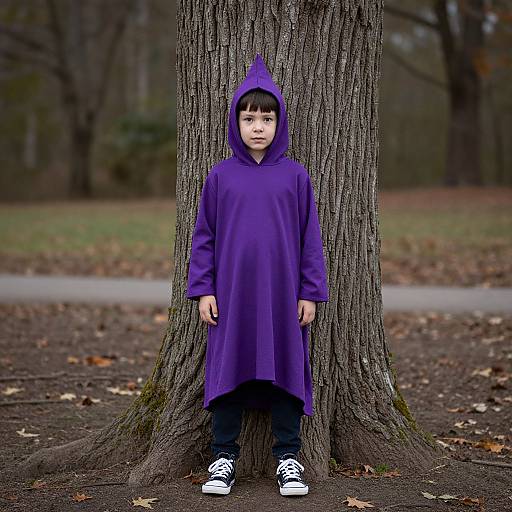 Photograph of a young Asian boy in a purple hooded dress, black pants, and white sneakers, standing against a tree in a leaf-stre
