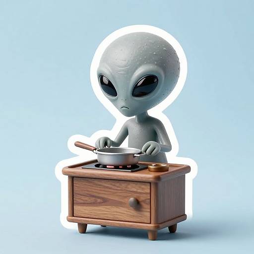 CGI image of a small, blue-skinned alien with large black eyes, cooking in a wooden stove, against a light blue background.