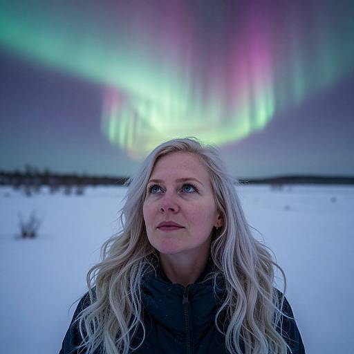 Photograph of a blonde woman with long hair, wearing a black coat, standing in a snowy landscape, gazing at vibrant green and pink aurora