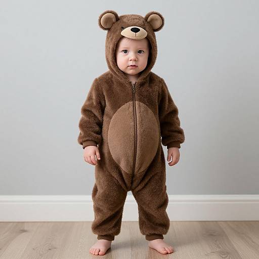 Photograph of a baby with light skin, wearing a brown teddy bear onesie with ears and a nose, standing barefoot on wooden floor against