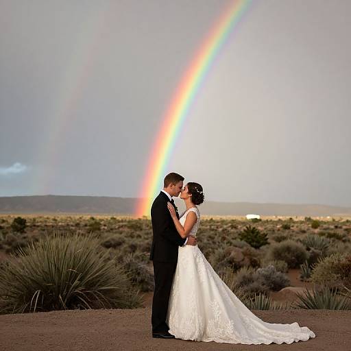 Photograph of bride and groom kissing under a vivid rainbow, desert landscape background, bride in white lace dress, groom in black suit.