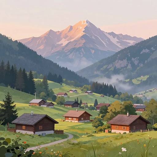 Serene Mountain Village at Sunrise