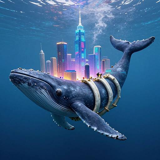 Digital art of a giant blue whale with white bands, swimming underwater with a futuristic city skyline, illuminated skyscrapers, and bubbles above.