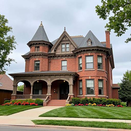 Photograph of a Victorian-style, red-brick mansion with turrets, arched porch, ornate woodwork, and manicured lawn, surrounded
