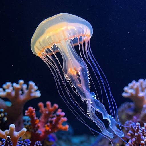 Photograph of a glowing, translucent jellyfish with orange-tipped bell, floating above vibrant coral reefs in a dark, underwater setting.