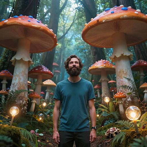 Man in Mystical Forest with Giant Mushrooms