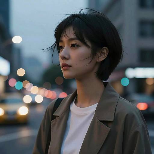 Photograph of an Asian woman with short black hair, wearing a brown jacket and white shirt, standing on a city street at dusk, with blurred colorful