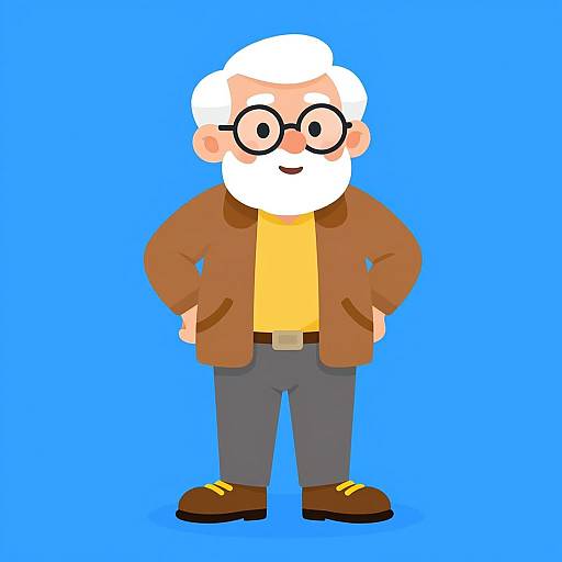 Cartoon-style drawing of an elderly man with white hair, black-rimmed glasses, brown jacket, yellow shirt, gray pants, and brown shoes