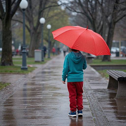Photograph of a child in a turquoise hoodie, red pants, and blue sneakers, holding a bright red umbrella, walking on a wet, tree-lined