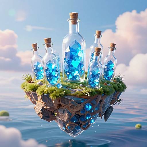 Digital artwork of five glowing blue crystal bottles with cork stoppers, floating on a moss-covered rock island above a calm ocean, under a bright blue sky