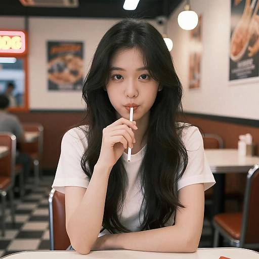 Young Woman at Neon Diner Table