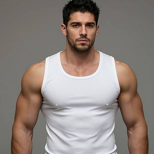 Photograph of a muscular, handsome man with short dark hair, light stubble, and intense gaze, wearing a tight white tank top against a gray