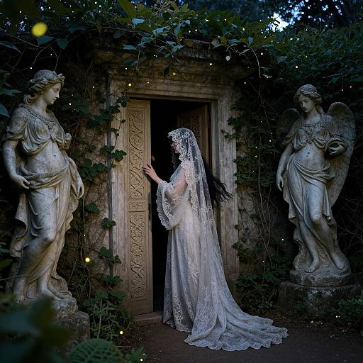 Photograph of a bride in lace wedding dress and veil, standing between two stone angels, touching an ornate wooden door in a dark, ivy