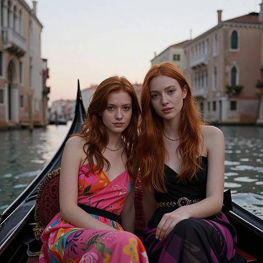 Photograph of two red-haired women in colorful and black dresses, sitting in a gondola on a Venice canal at sunset.