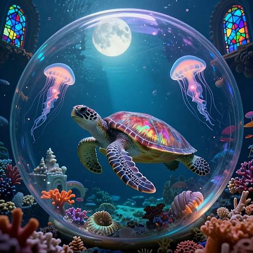 Digital artwork of a colorful sea turtle inside a glass bubble, swimming with three jellyfish, surrounded by vibrant coral reefs under a glowing moonlit ocean.