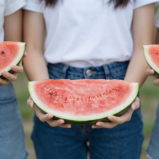 Photograph of a person in a white shirt and blue jeans, holding three slices of juicy, red watermelon with green rinds.