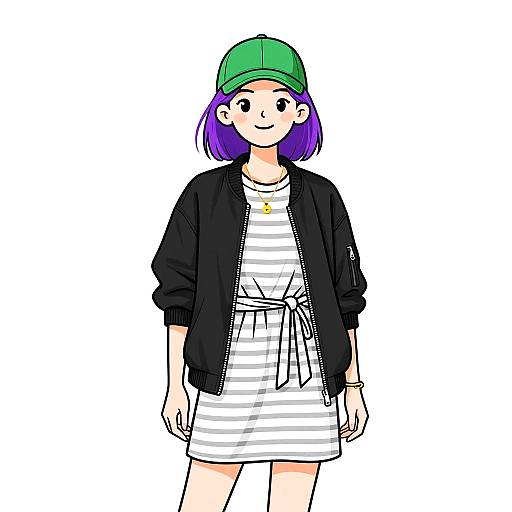 Digital anime-style drawing of a smiling girl with purple hair, green cap, black jacket, white-striped dress, and gold necklace.