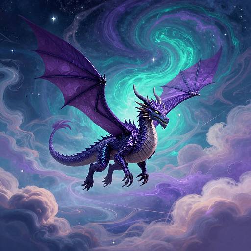 Digital fantasy artwork of a majestic, purple-scaled dragon with glowing blue wings soaring through a swirling, starry night sky.