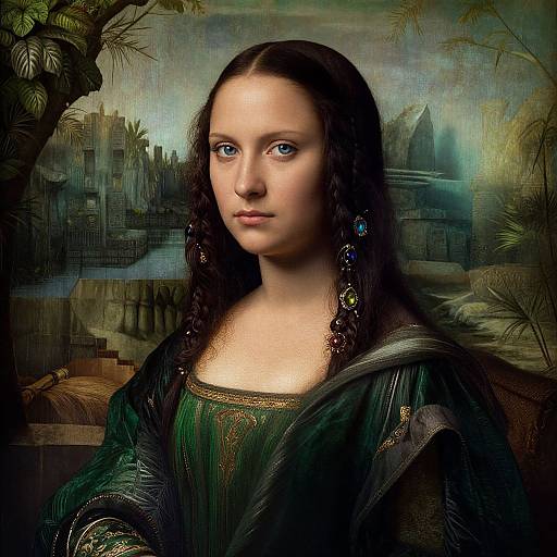 Digital artwork of a young woman with blue eyes, long dark hair, and green dress, wearing blue earrings, against a mystical, forested cityscape