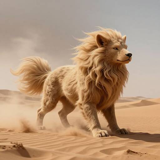 Digital artwork of a majestic, golden-furred wolf with a flowing mane standing in a sunlit, sandy desert, kicking up dust.