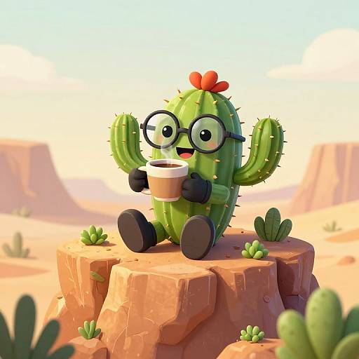Cheerful Cartoon Cactus with Coffee