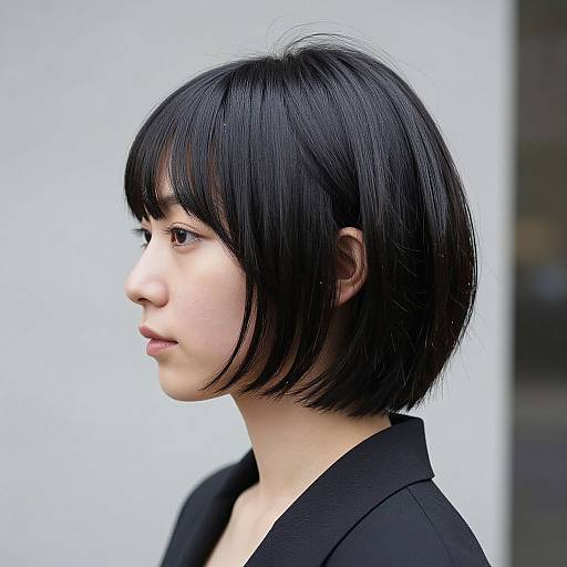 Photograph of an Asian woman with short, straight black hair, pale skin, and black jacket, in profile against a light gray background.