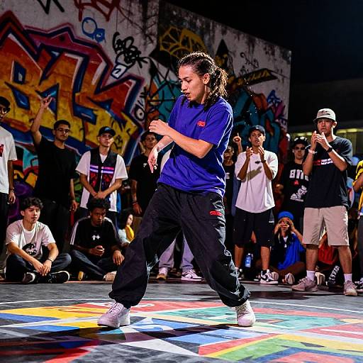 Photograph of a male dancer with long brown hair in a blue shirt and black pants, performing in front of a graffiti-covered wall with a diverse,