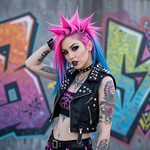 Photograph of a punk-style woman with vibrant pink and blue spiky hair, black leather vest, tattoos, and dark makeup, standing in front of