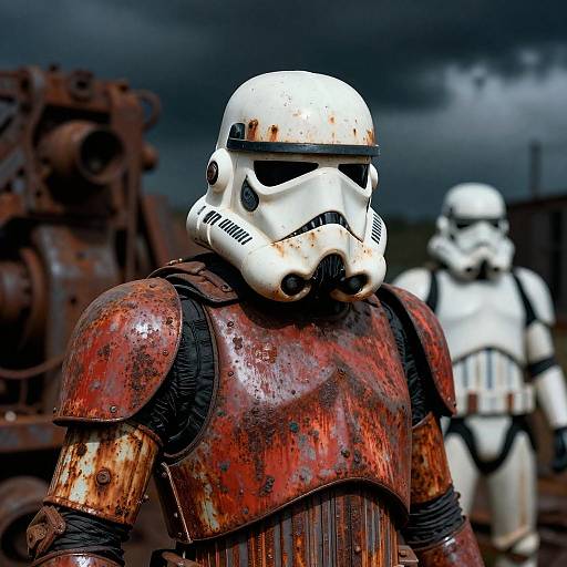 Photograph of a weathered, rusted red Stormtrooper helmet and armor, with a blurred, white Stormtrooper in the background under a