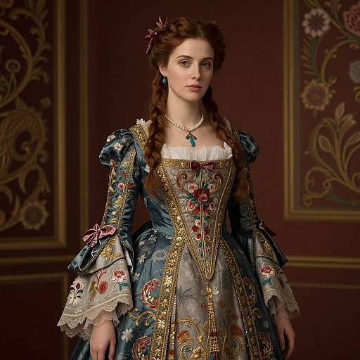 Photograph of a young woman in an elaborate, Victorian-style blue gown with intricate gold embroidery, lace trim, and floral patterns, set against an orn