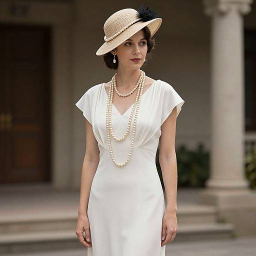 Photograph of a mature woman in a white dress, pearl necklace, and straw hat with black feather, standing outdoors on steps.