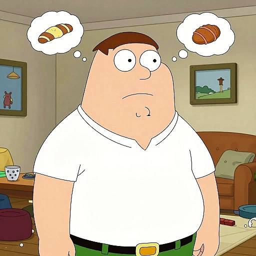 Cartoon of a chubby man in a white shirt, thinking about a donut and a pastry, in a cozy living room.