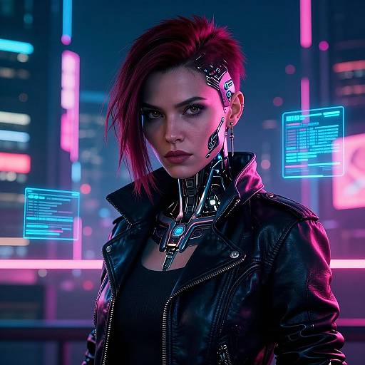 Cyberpunk woman with red mohawk, black leather jacket, neon cybernetic attachments, and glowing digital screens in neon-lit cityscape.