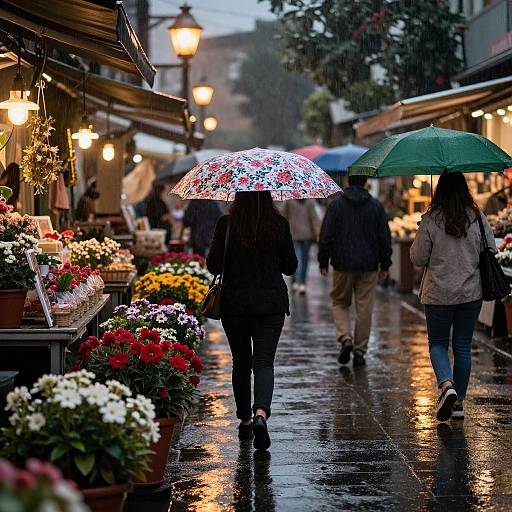 Photograph of a rainy street market; three people walk under colorful umbrellas, past flower stalls and warm-lit shops. Wet pavement reflects streetlights