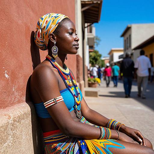 Photograph of a dark-skinned African woman with colorful beaded attire, headwrap, and large earrings, seated against a red wall in a sun