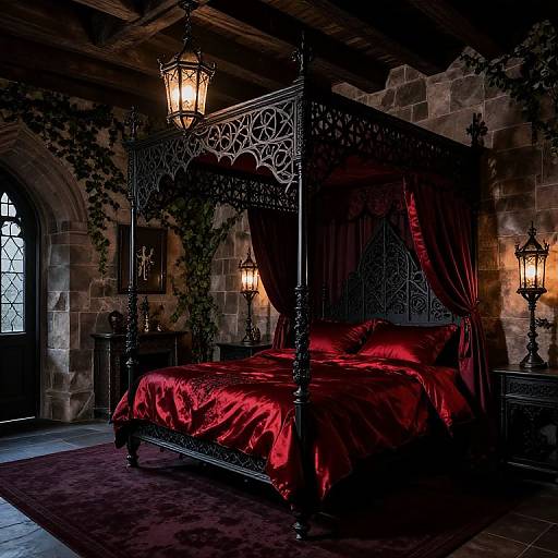 Dark, gothic bedroom with a black, ornate four-poster bed draped in rich red satin, illuminated by lanterns, set against stone walls