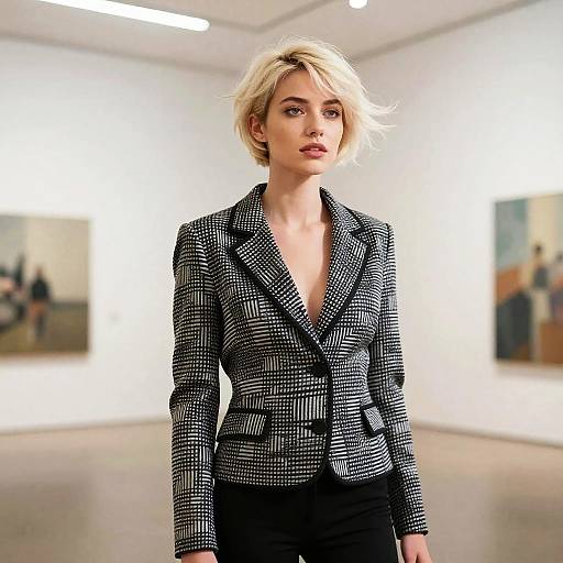 Blonde woman with short hair in a black-and-white checkered blazer walks confidently in a modern, brightly lit gallery. Photograph.