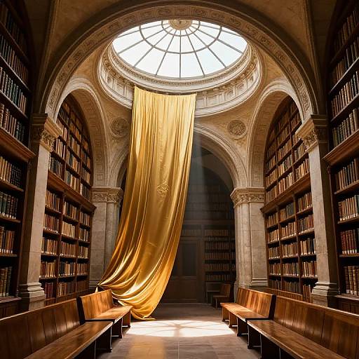 Photograph of a grand library with golden draped fabric hanging from a circular skylight, flanked by tall, wooden bookshelves and wooden benches