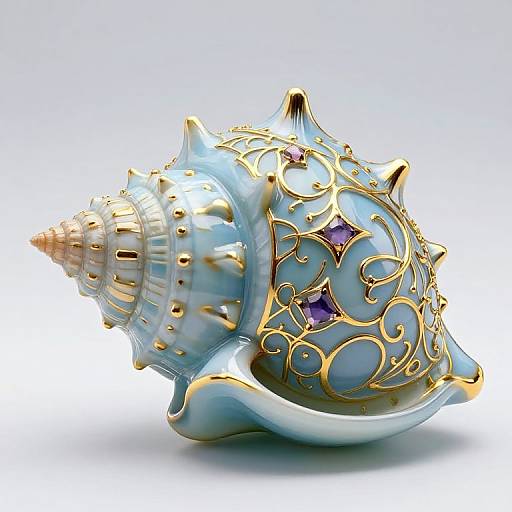 Photorealistic CGI of an ornate, blue and white seashell adorned with intricate gold filigree and purple gemstones, set against a