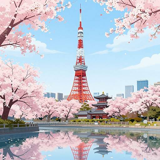 Digital illustration of Tokyo Tower framed by blooming cherry blossoms, reflected in a calm river, with modern skyscrapers in the background.
