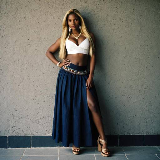 Dark-Skinned Woman in Blue Skirt and White Crop Top