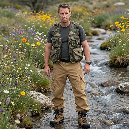Photograph of a bearded man in camouflage vest, gray shirt, beige pants, and boots, standing in a vibrant, flower-filled meadow with