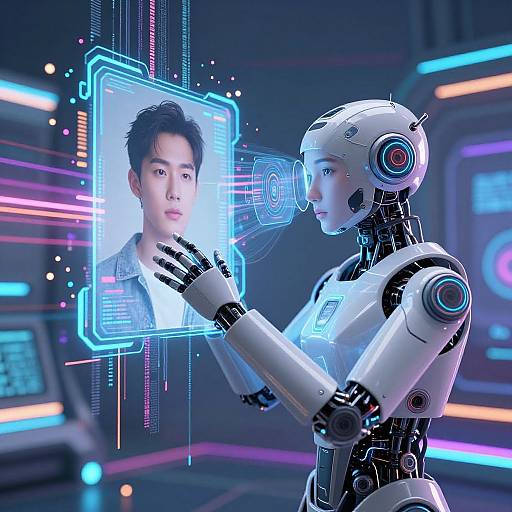 Photograph of a futuristic robotic woman with white and black metallic body, interacting with a holographic portrait of an Asian man, surrounded by neon blue and