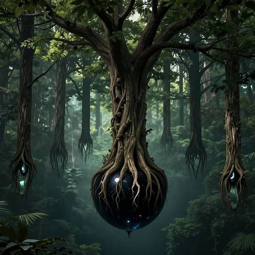 Digital artwork of a mystical forest featuring a tree with a dark, orb-like root ball, glowing blue eyes, and lush greenery.