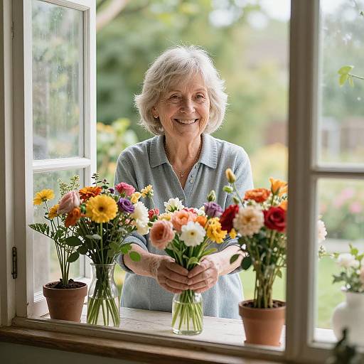 Photograph of a smiling elderly woman with short gray hair, wearing a light blue polo shirt, holding colorful flower bouquets at a sunny window.