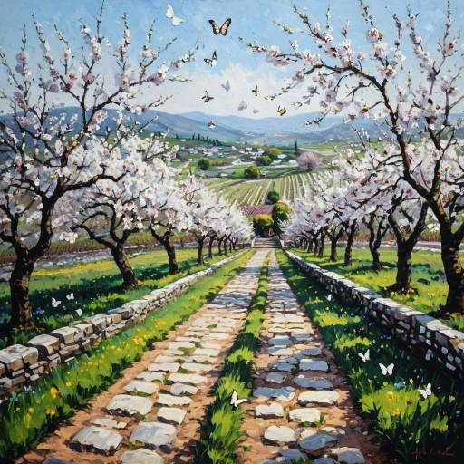 Oil Painting of Cherry Orchard with Stone Pathway
