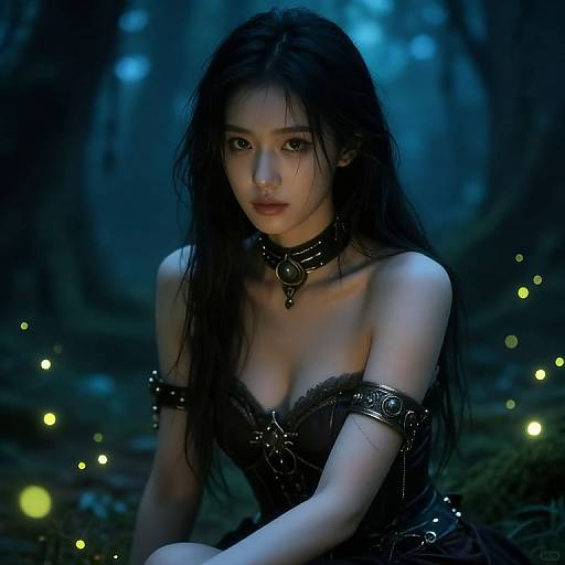 Digital artwork of a beautiful Asian woman with long black hair, wearing a black lace dress and metal choker, kneeling in a blue-lit forest with