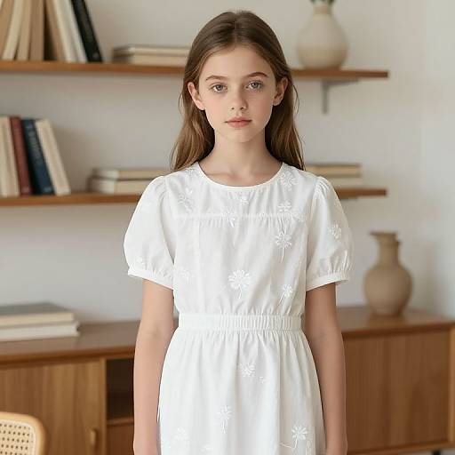Photograph of a young Caucasian girl with long brown hair, wearing a white, short-sleeved dress, standing in a bright room with wooden shelves